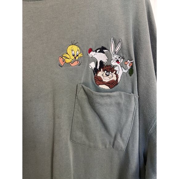 VTG 90s Looney Tunes Warner Bros Mock Neck Embroidered Top Size XL Green - Picture 3 of 7